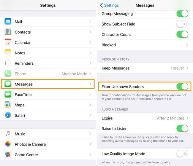 filter unknown sender to hide text messages on iphone